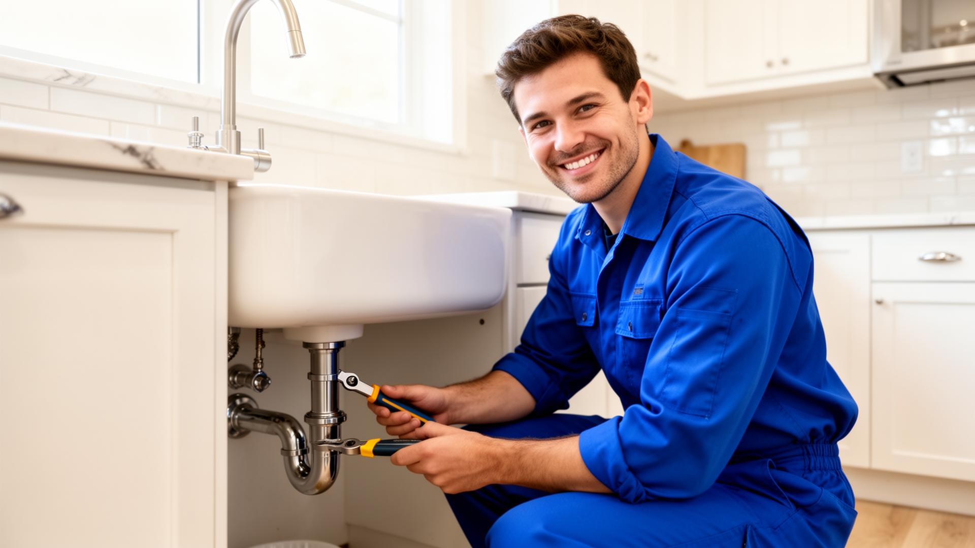 Friendly Great Plumber technician working in a kitchen